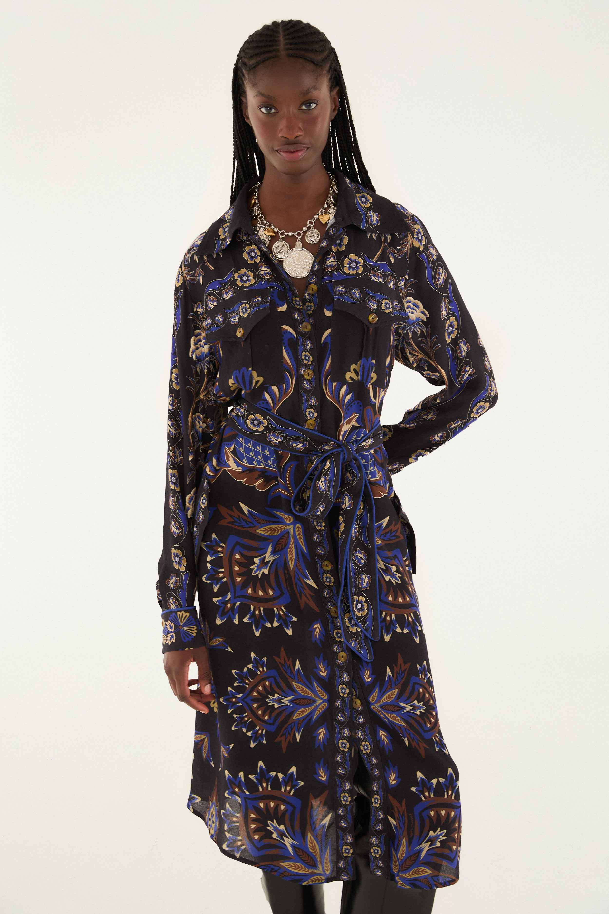 Black Arabesque Mix Scarves Midi Dress - 2