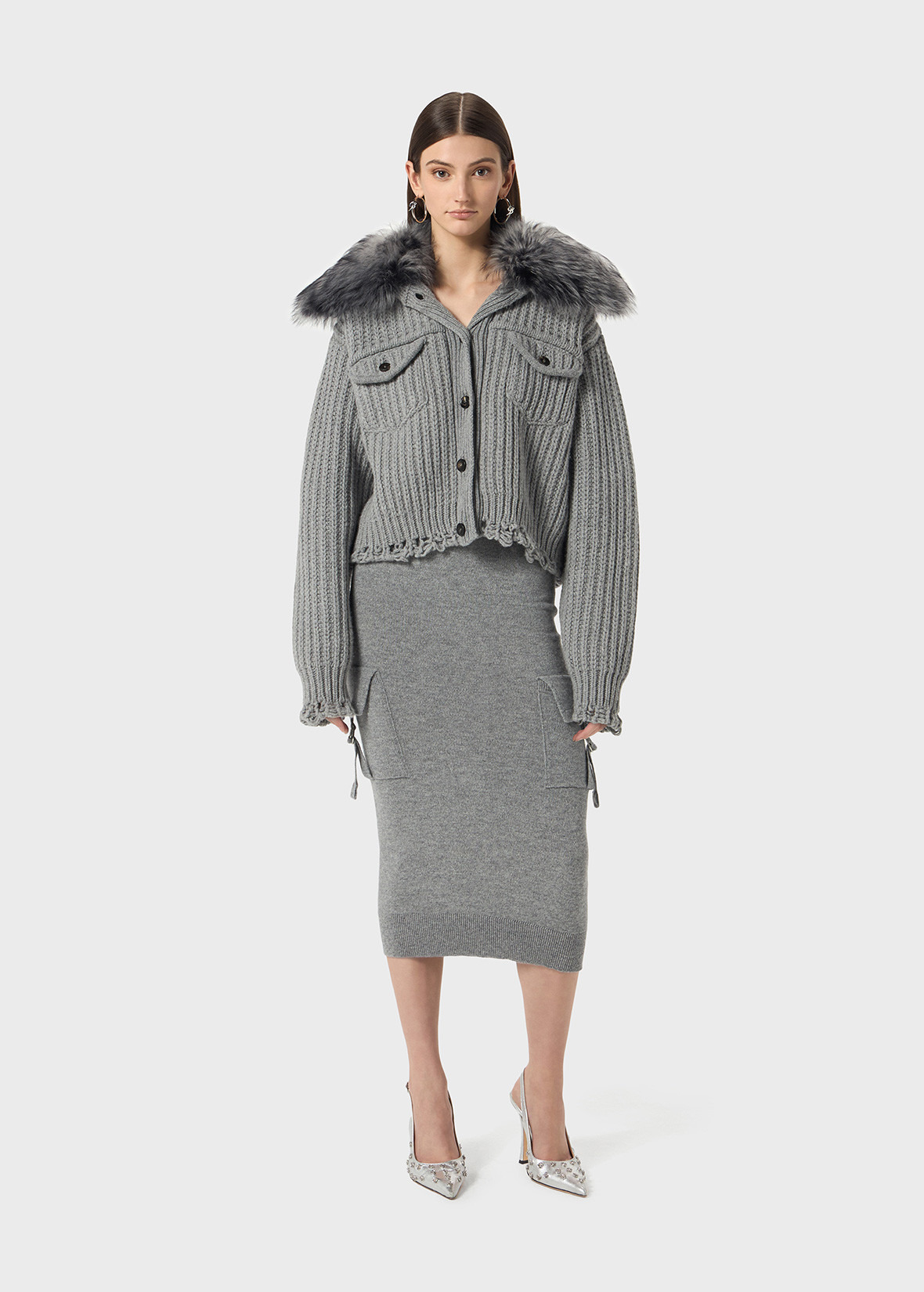 WOOL CARDIGAN WITH FAUX FUR COLLAR - 2