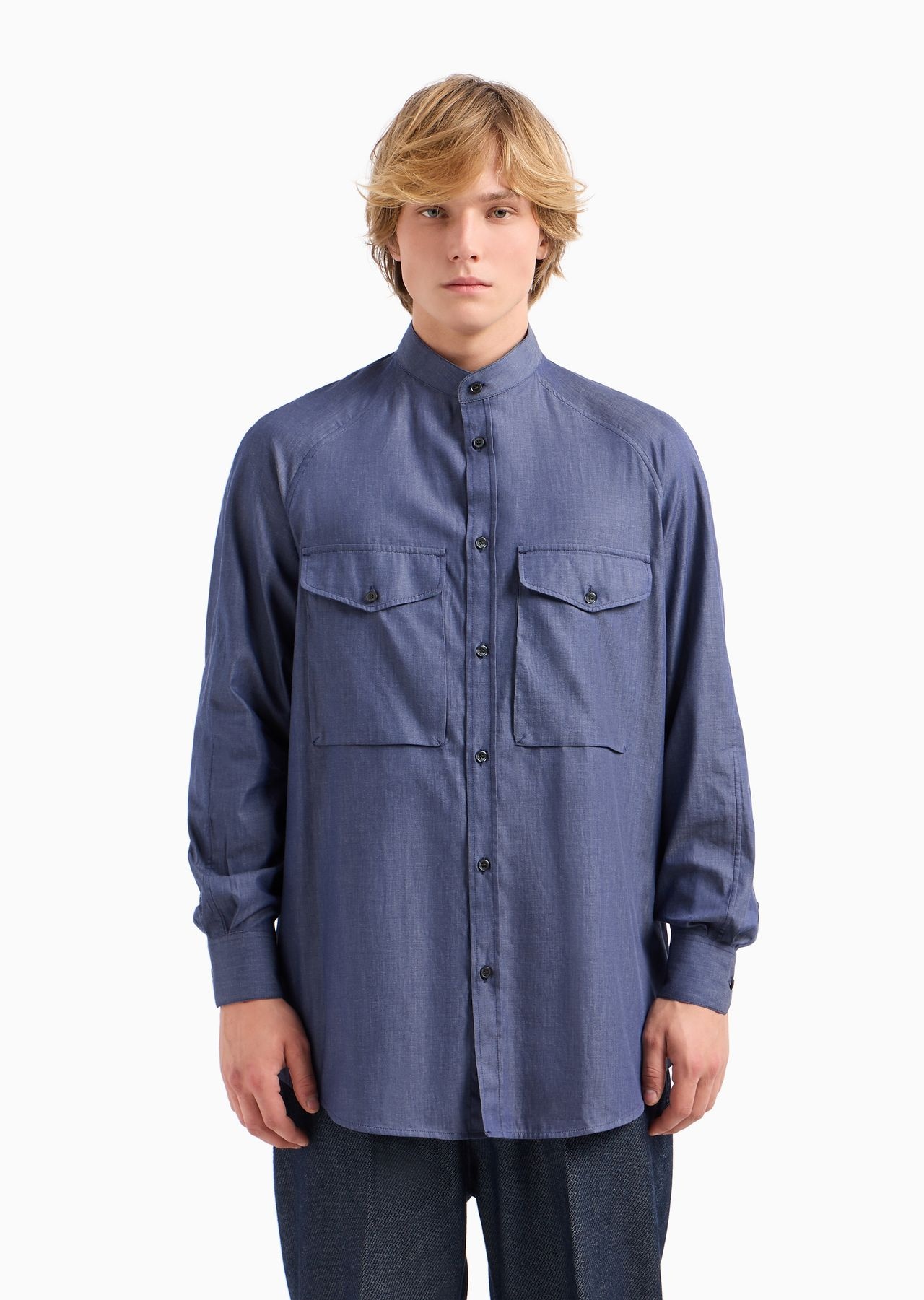 Guru-collar chambray shirt with front pockets - 2
