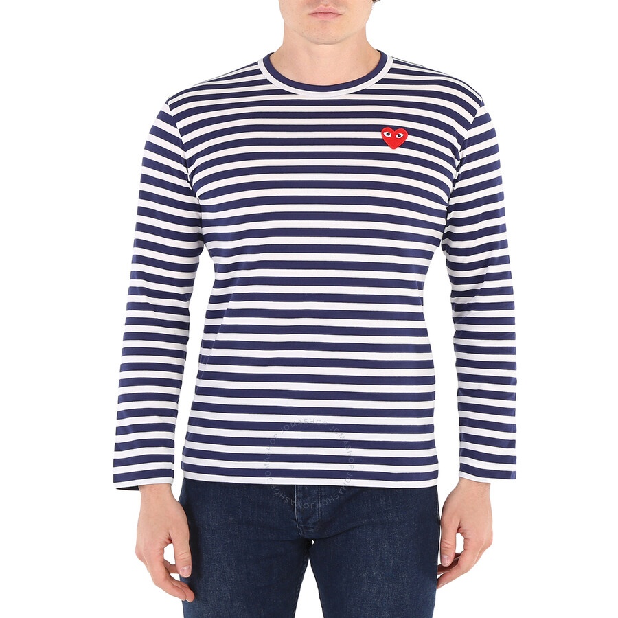 Comme Des Garcons Play Navy / White Long Sleeve Heart Logo Stripe Tee - 3