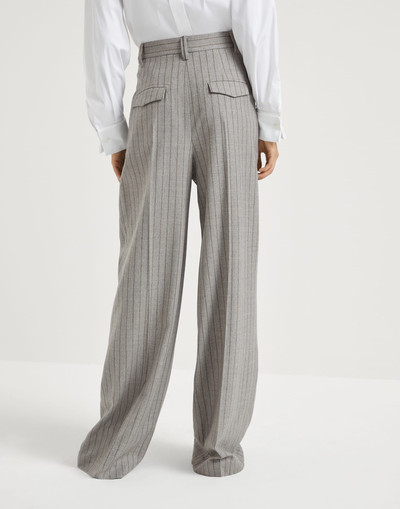 Brunello Cucinelli Virgin wool mouliné chalk stripe high waist wide trousers with monili outlook