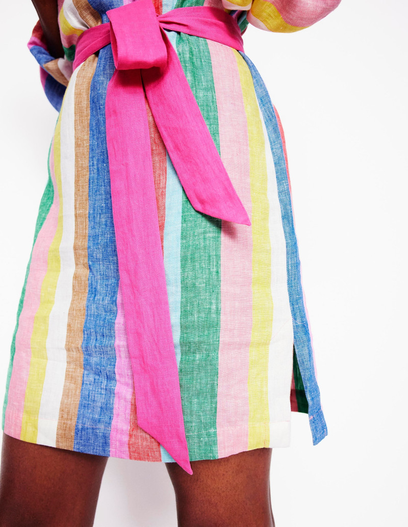 Cleo Linen Tie Waist Dress-Bright Rainbow Stripe 6