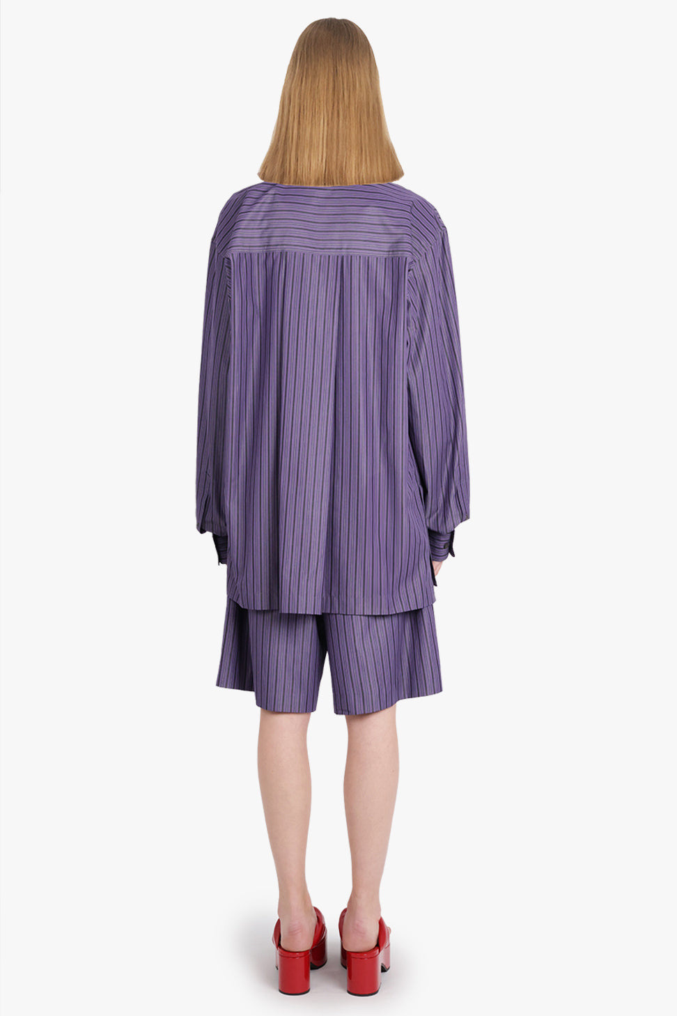 CIJOU STRIPE ASYMMETRICAL KNOT DETAIL L/S BLOUSE | PURPLE STEEL - 5