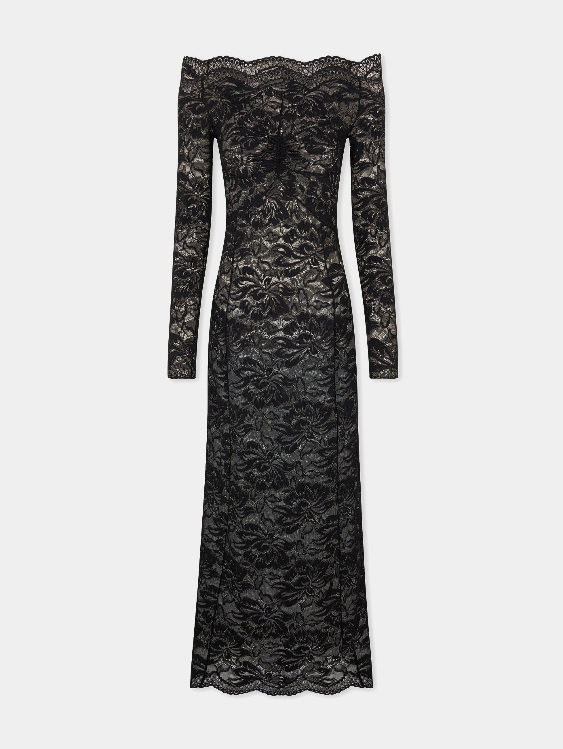 LONG BLACK LACE DRESS WITH BARDOT COLLAR - 4