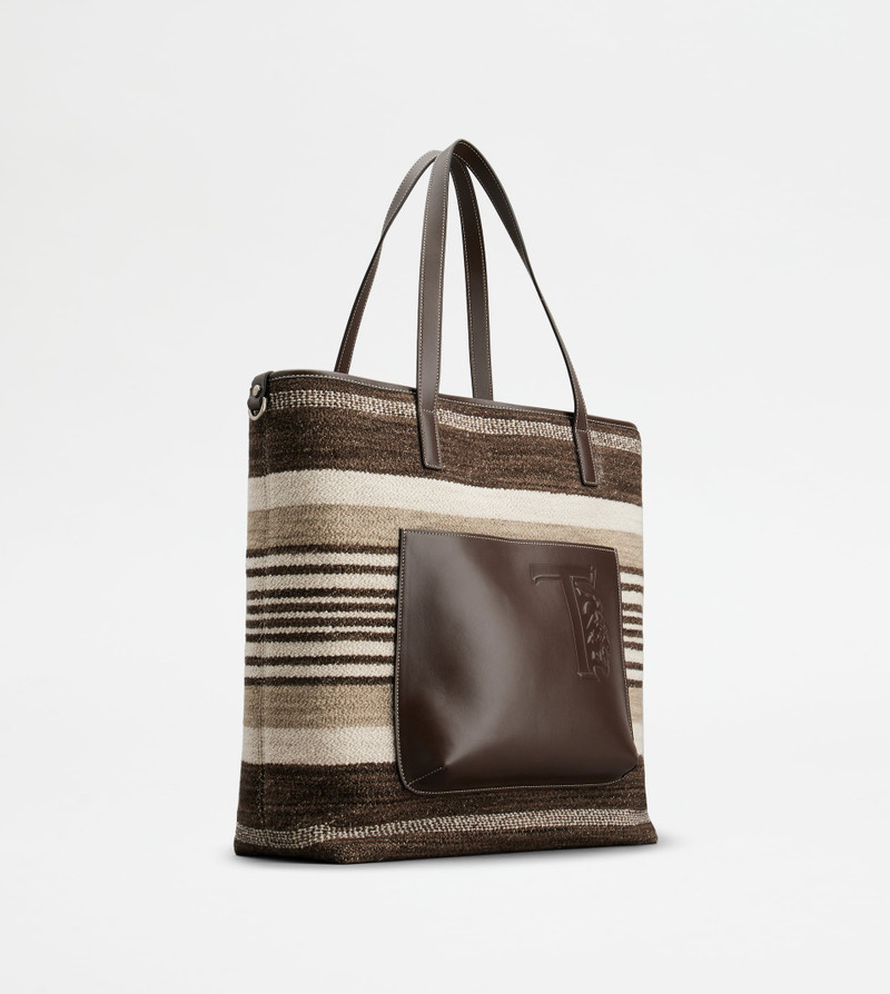 SHOPPING BAG IN FABRIC AND LEATHER MEDIUM - BROWN 4