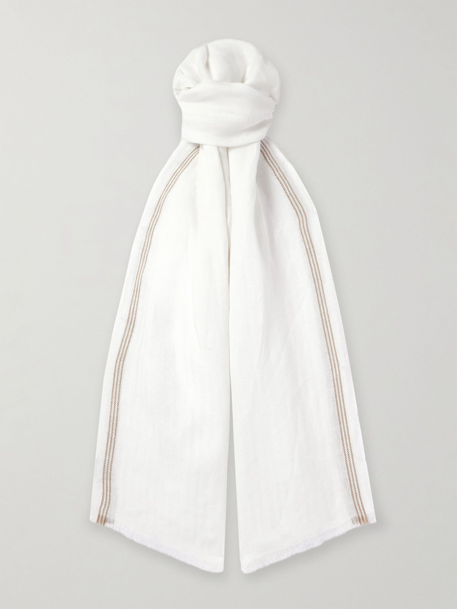 Zamami Embroidered Herringbone Linen Scarf White - 1