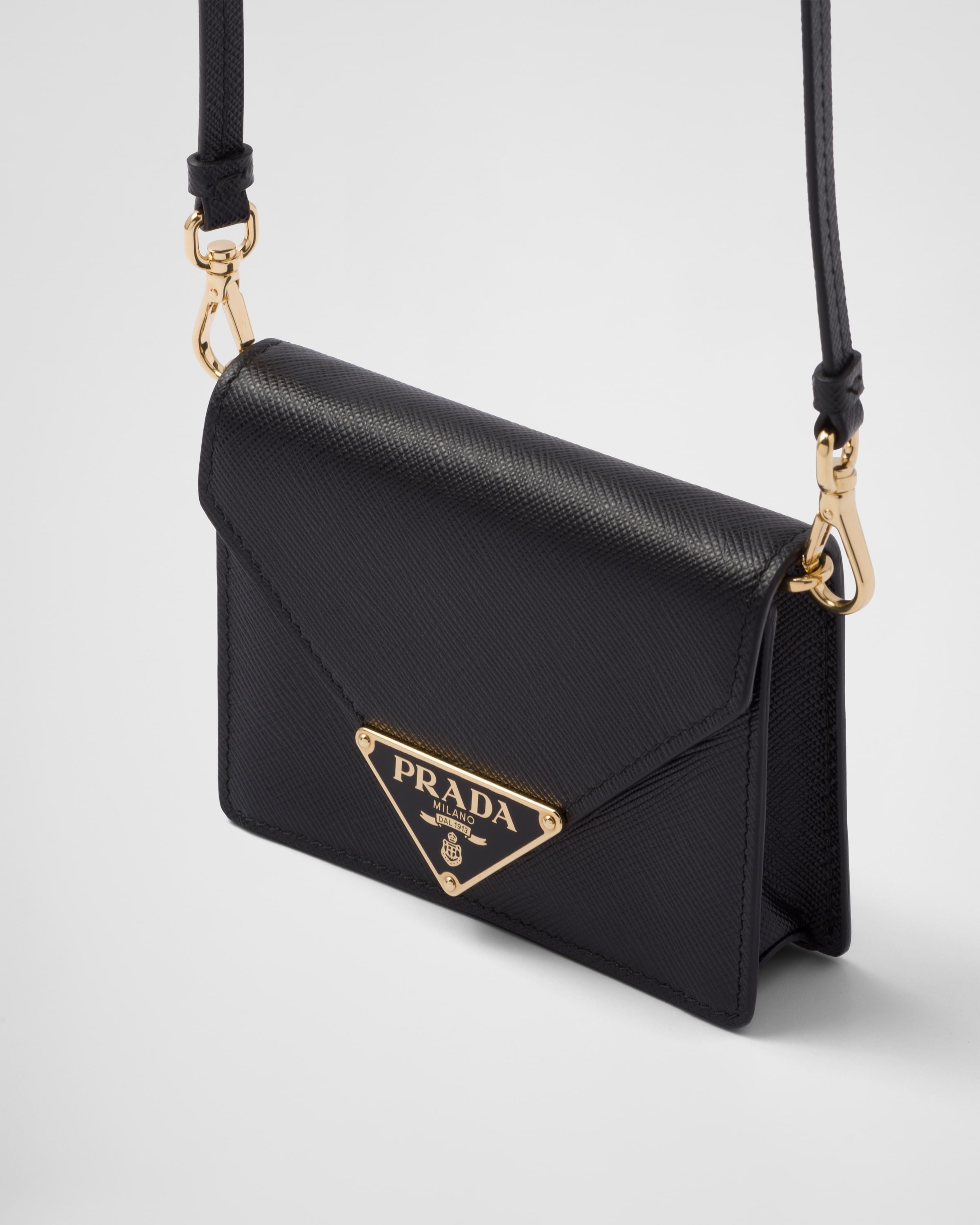 【PRADA】Saffiano leather card holder with shoulder strap Prada Saffiano Leather Card Holder with Shoulder Strap