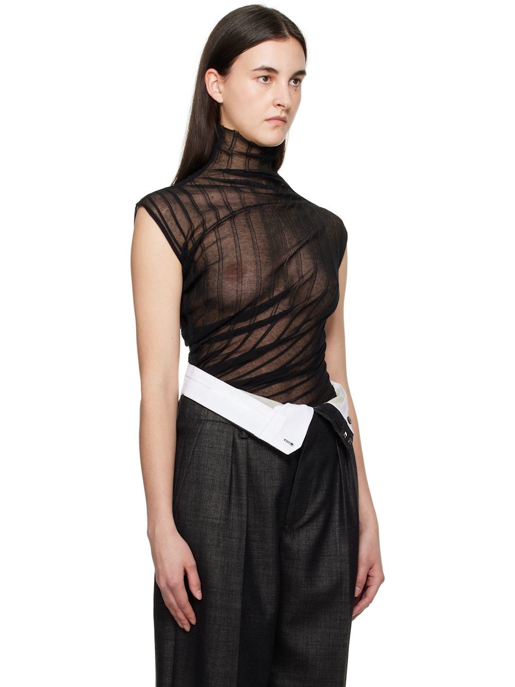 Black Draped Sleeveless High Neck Tank Top - 2