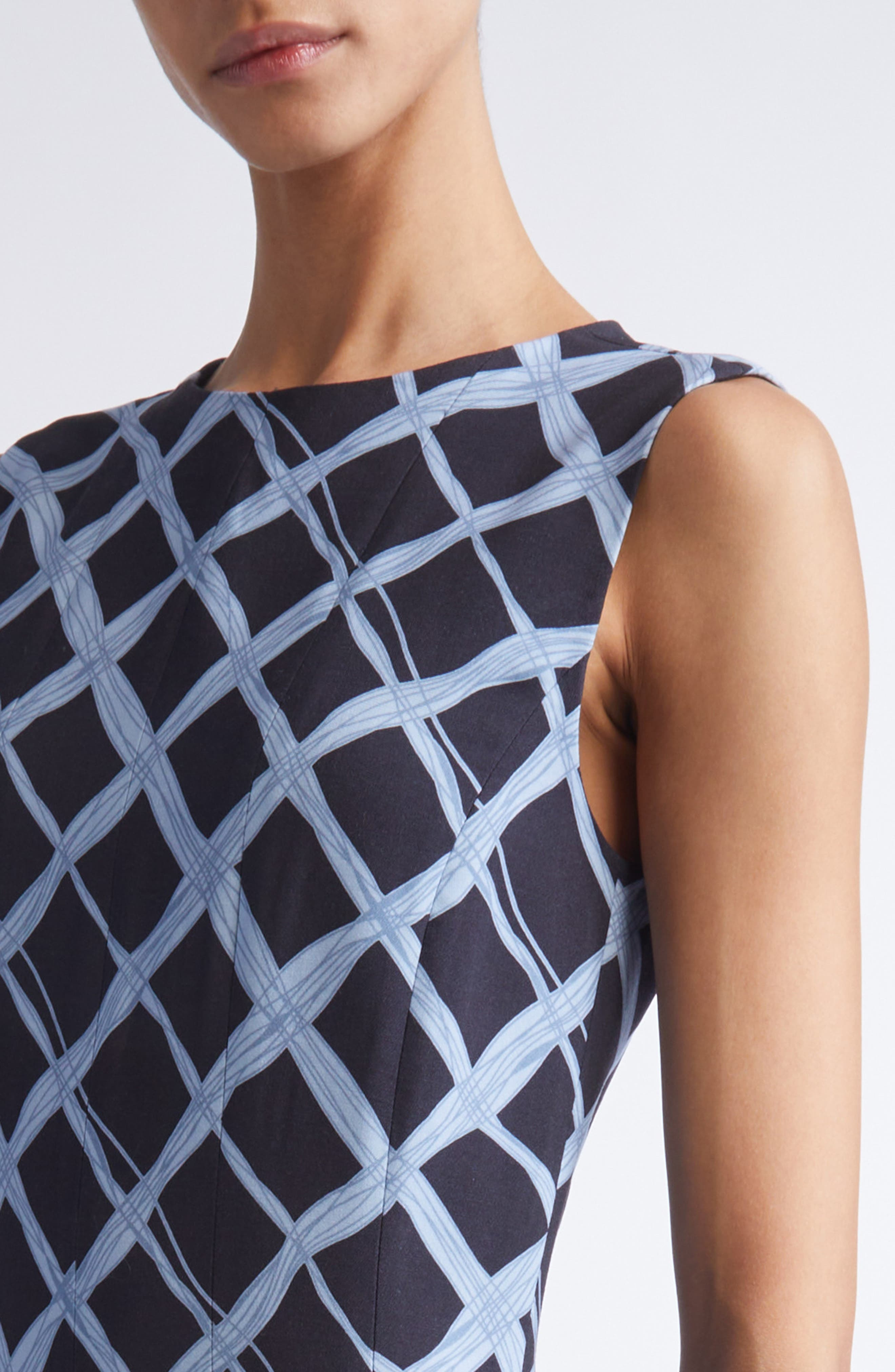 Oscar de la Renta Wavy Plaid Pleated Wool Blend Dress in Navy/Blue at Nordstrom - 4