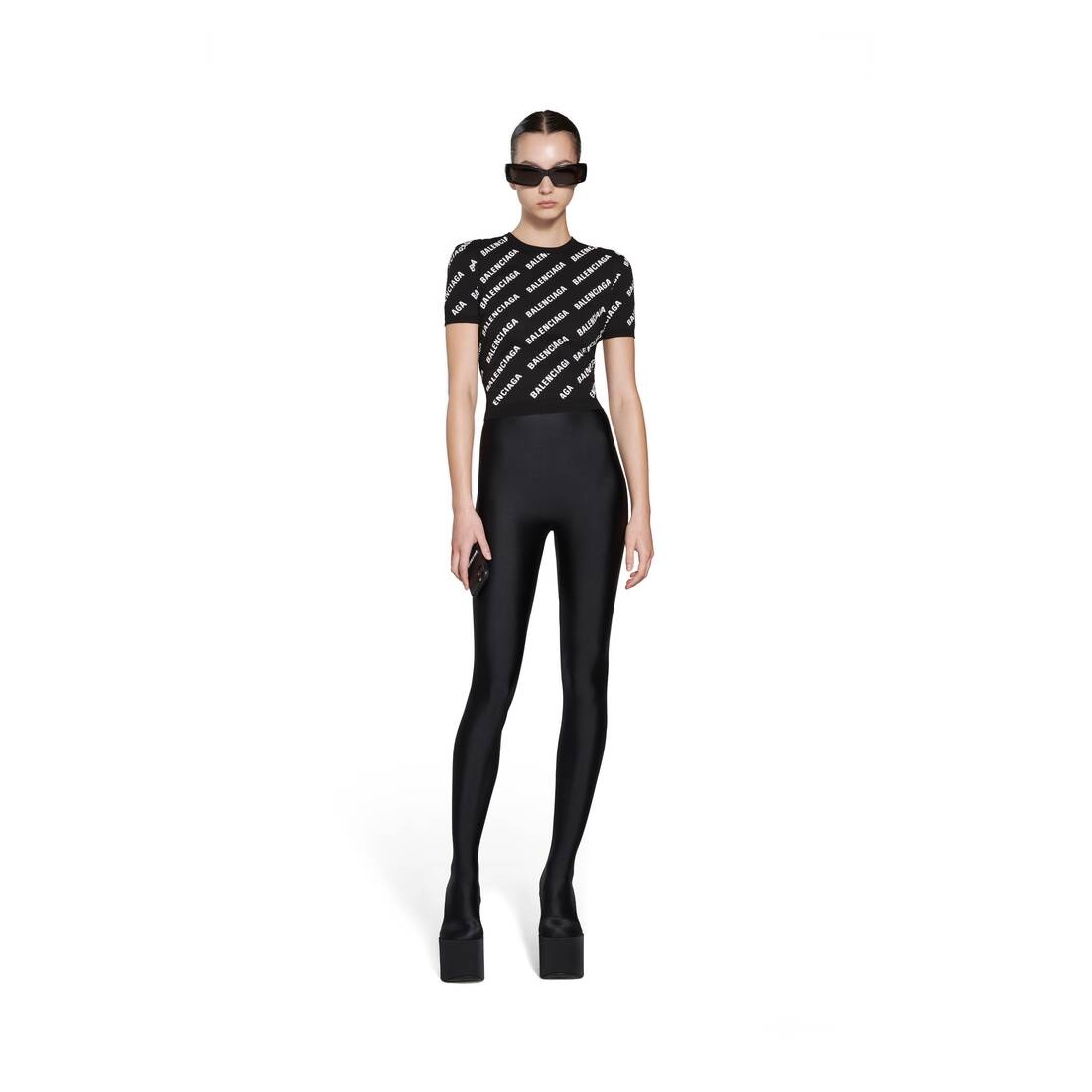Women's Allover Logo Crop Short Sleeve Sweater in Black - 2