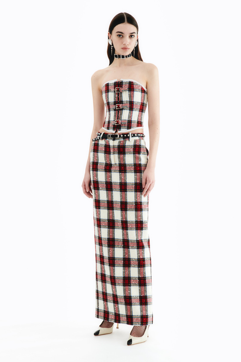Alessandra Rich CHECKED LUREX WOOL LONG SKIRT outlook