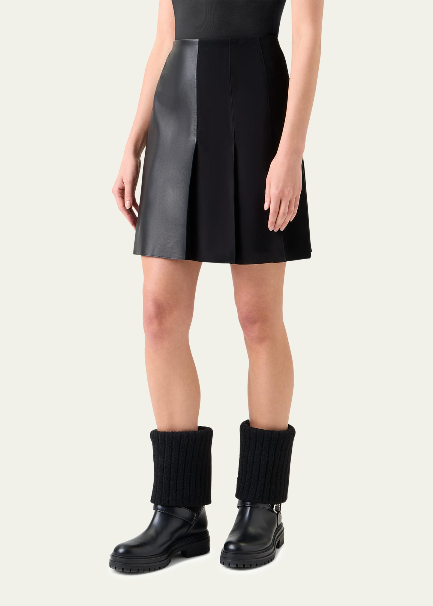 Mixed Leather Pleated Mini Skirt - 4