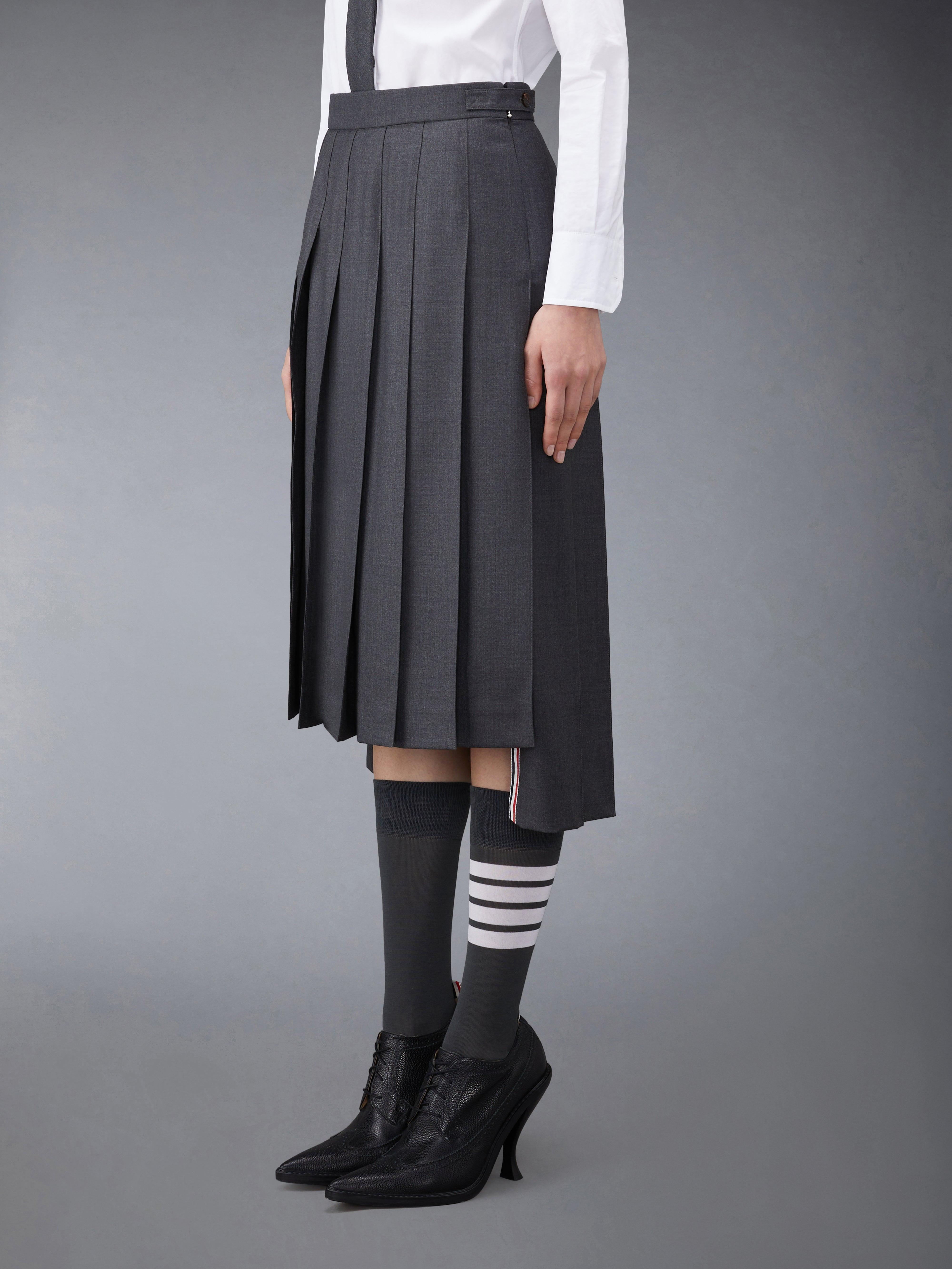 Dark Grey Super 120's Twill Below Knee Pleated Skirt - 2