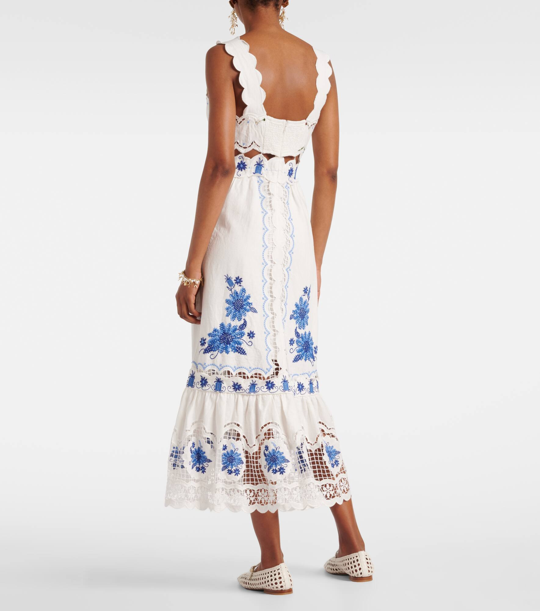 Embroidered linen-blend midi dress - 3