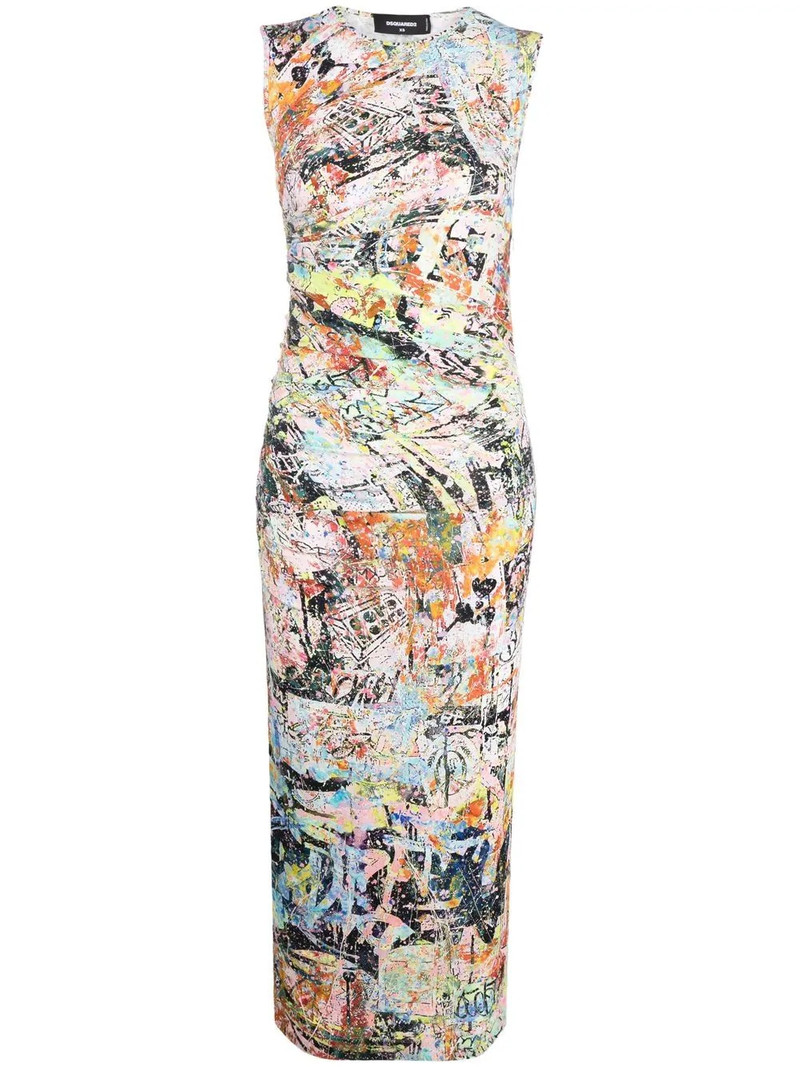 abstract-print gathered-detail midi dress 1