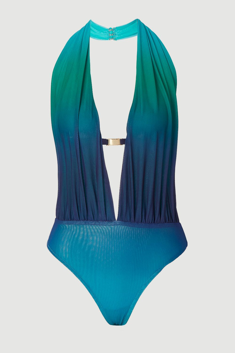 Halter Neck Trim Detail Plunge Ombre Mesh Bodysuit 4