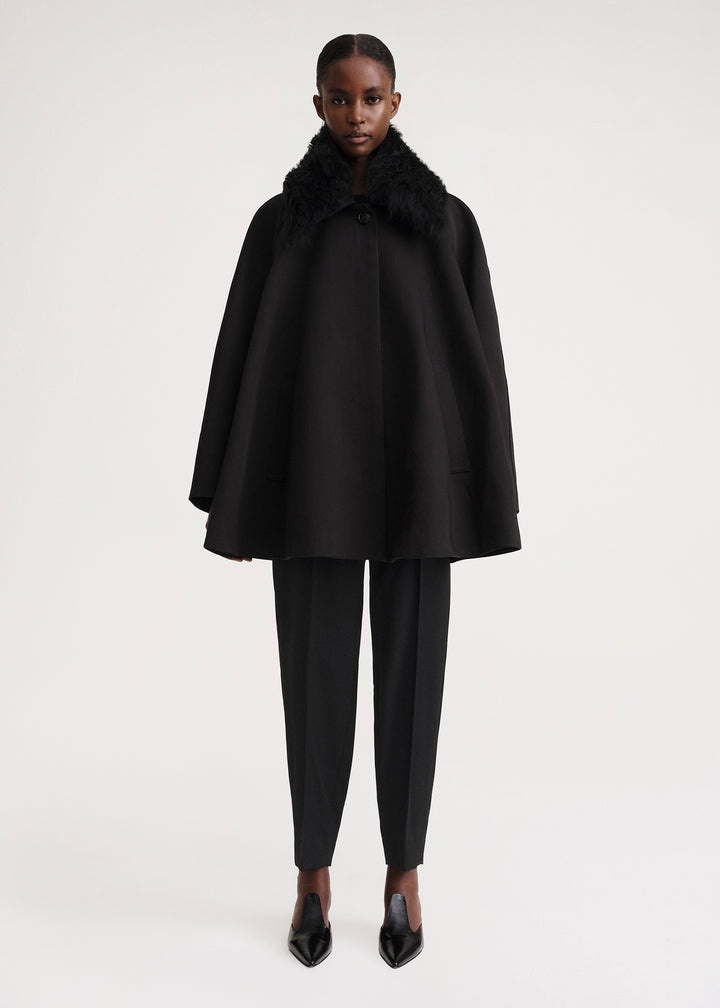 Shearling collar gabardine jacket black - 2
