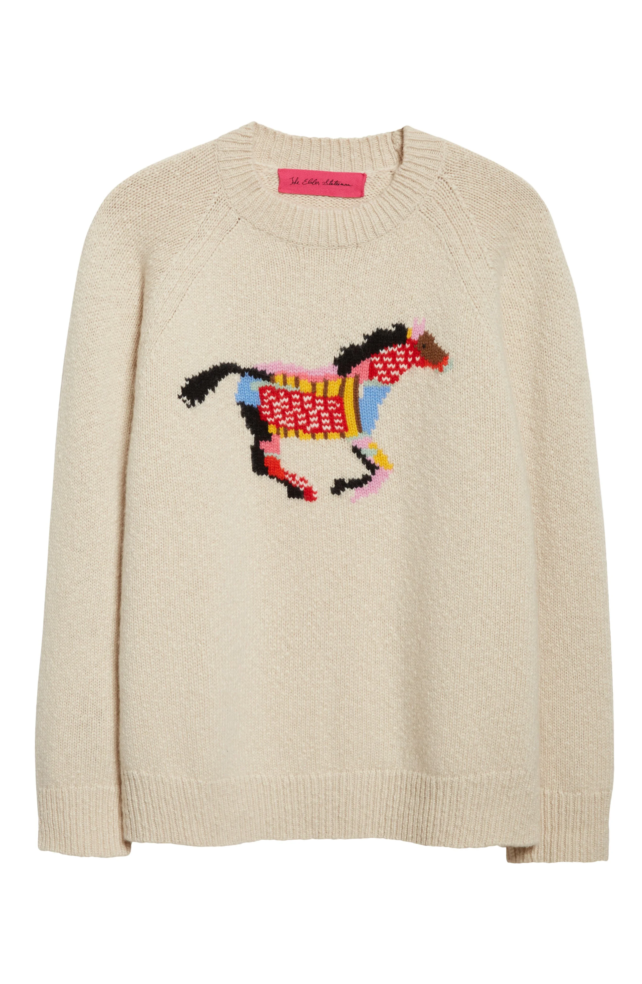 The Elder Statesman Glacier Horse Intarsia Slub Cashmere Crewneck Sweater in Ecru at Nordstrom - 1