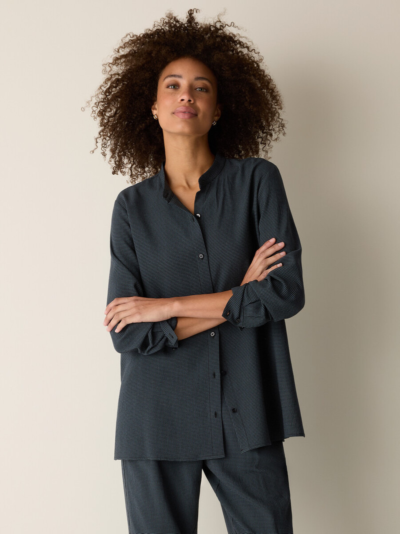Mini Check Crepe Band Collar Top 3