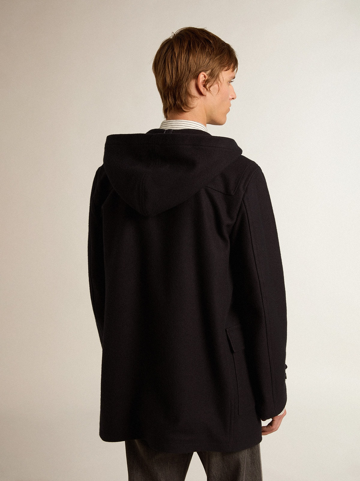 Dark blue wool duffle coat with hood and toggle fastening - 4