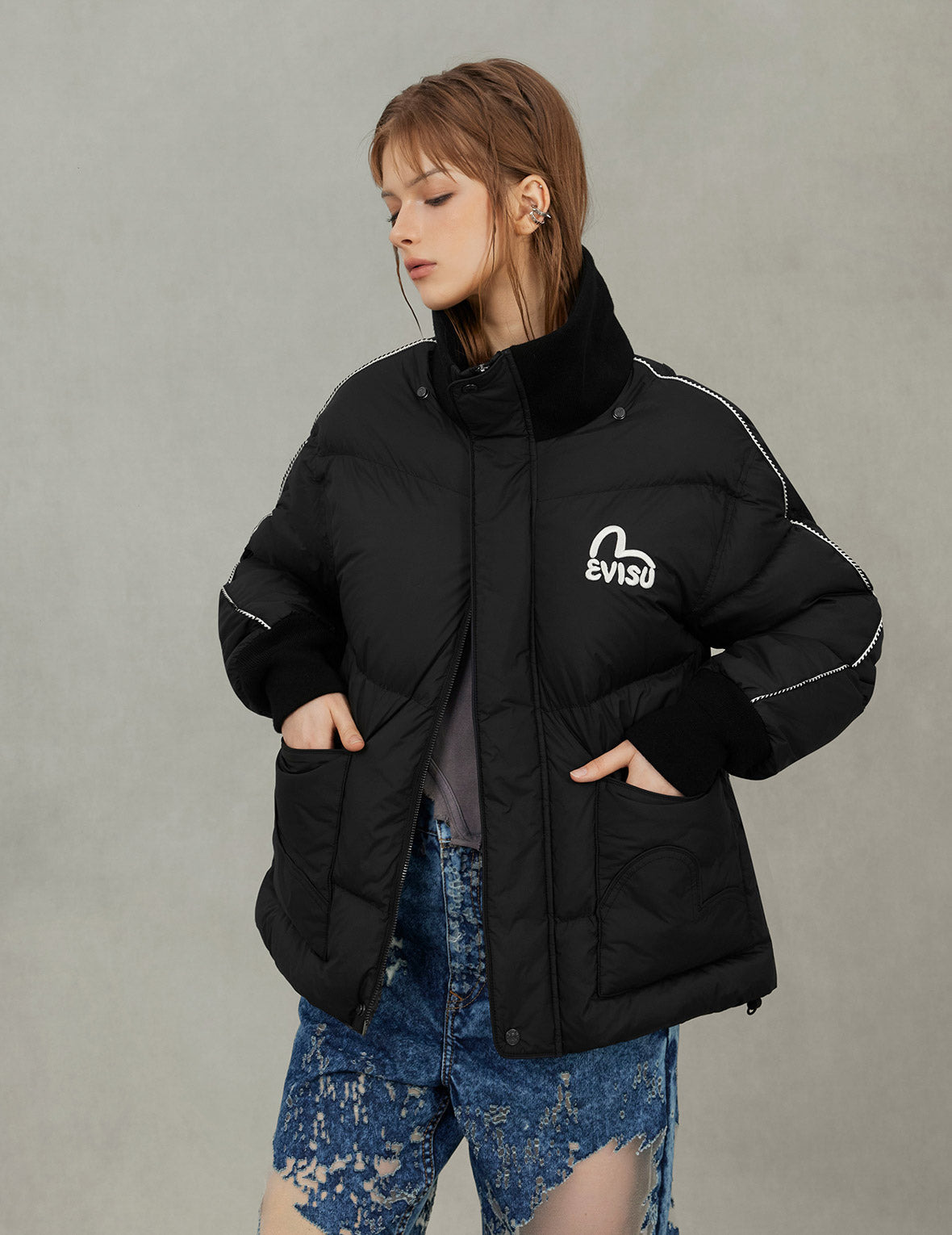 Seagull and Logo Embroidery Fashion Fit Down Jacket with Detachable Hood - 9