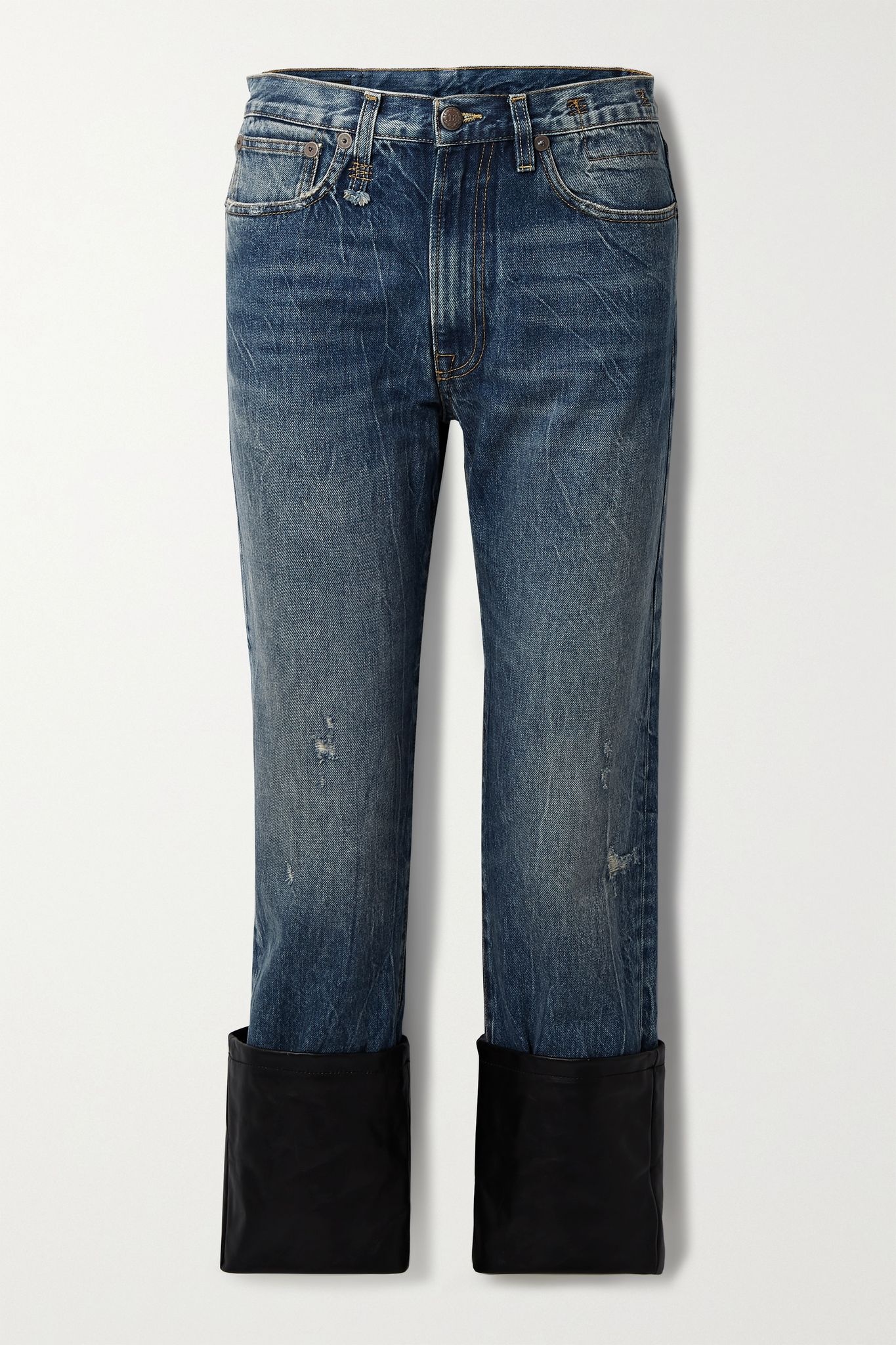 Axl cropped leather-trimmed distressed high-rise straight-leg jeans - 1