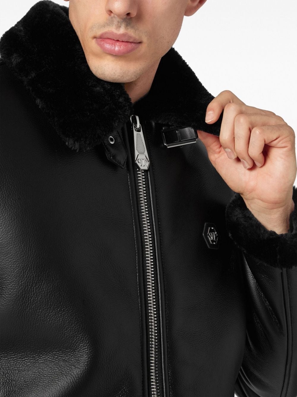 logo-patch faux-leather bomber jacket - 6
