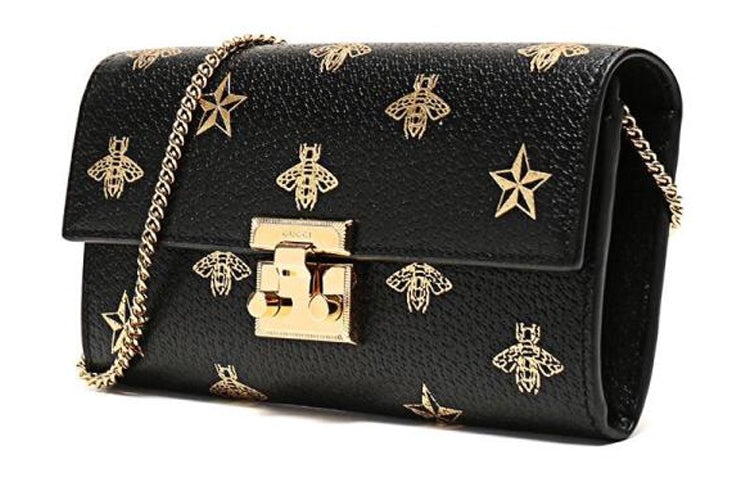 (WMNS) Gucci Padlock Metallic Bee Star Printing Leather Chain Wallet Shoulder Bag Armpit Black Handb - 2