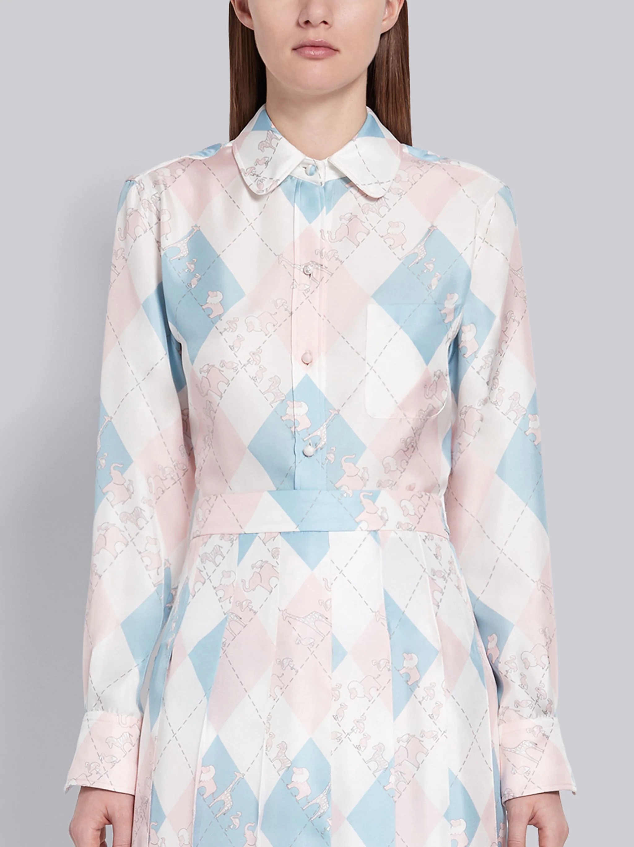 Light Blue and Pink Silk Argyle Print Animal Icon Long Sleeve Round Collar Shirt - 1