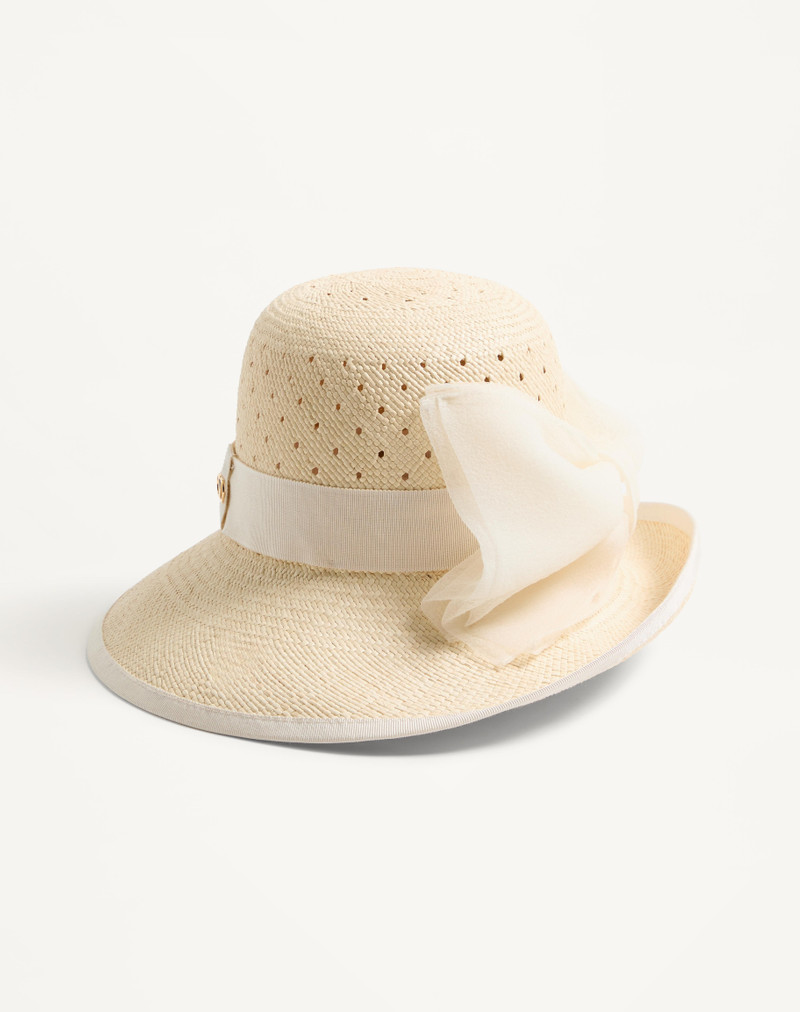 VLOGO SIGNATURE HAT IN PERFORATED PANAMA WITH ORGANZA BOW 1