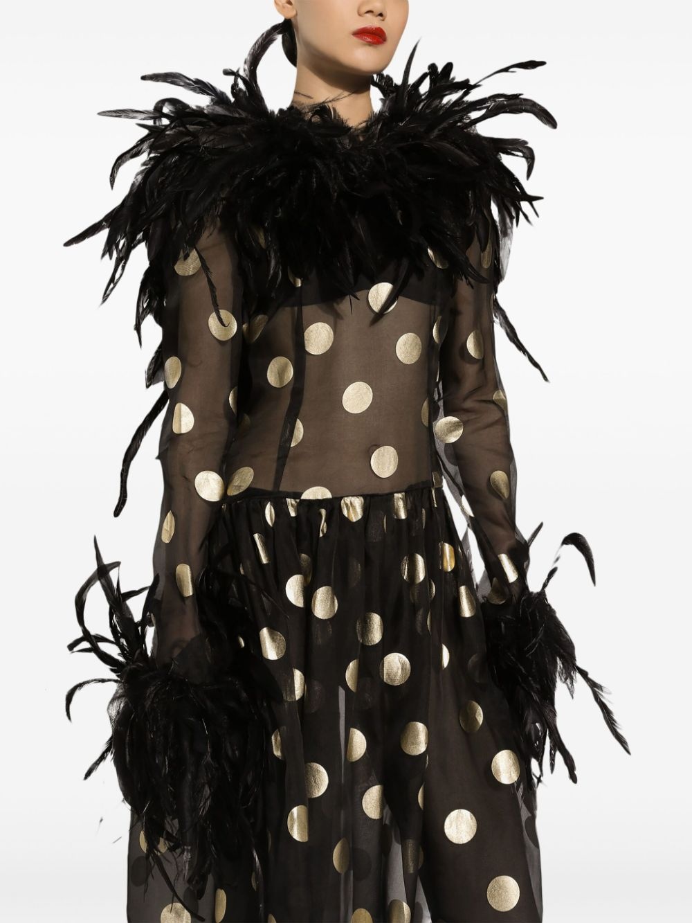 feather-trim polka-dot dress - 5