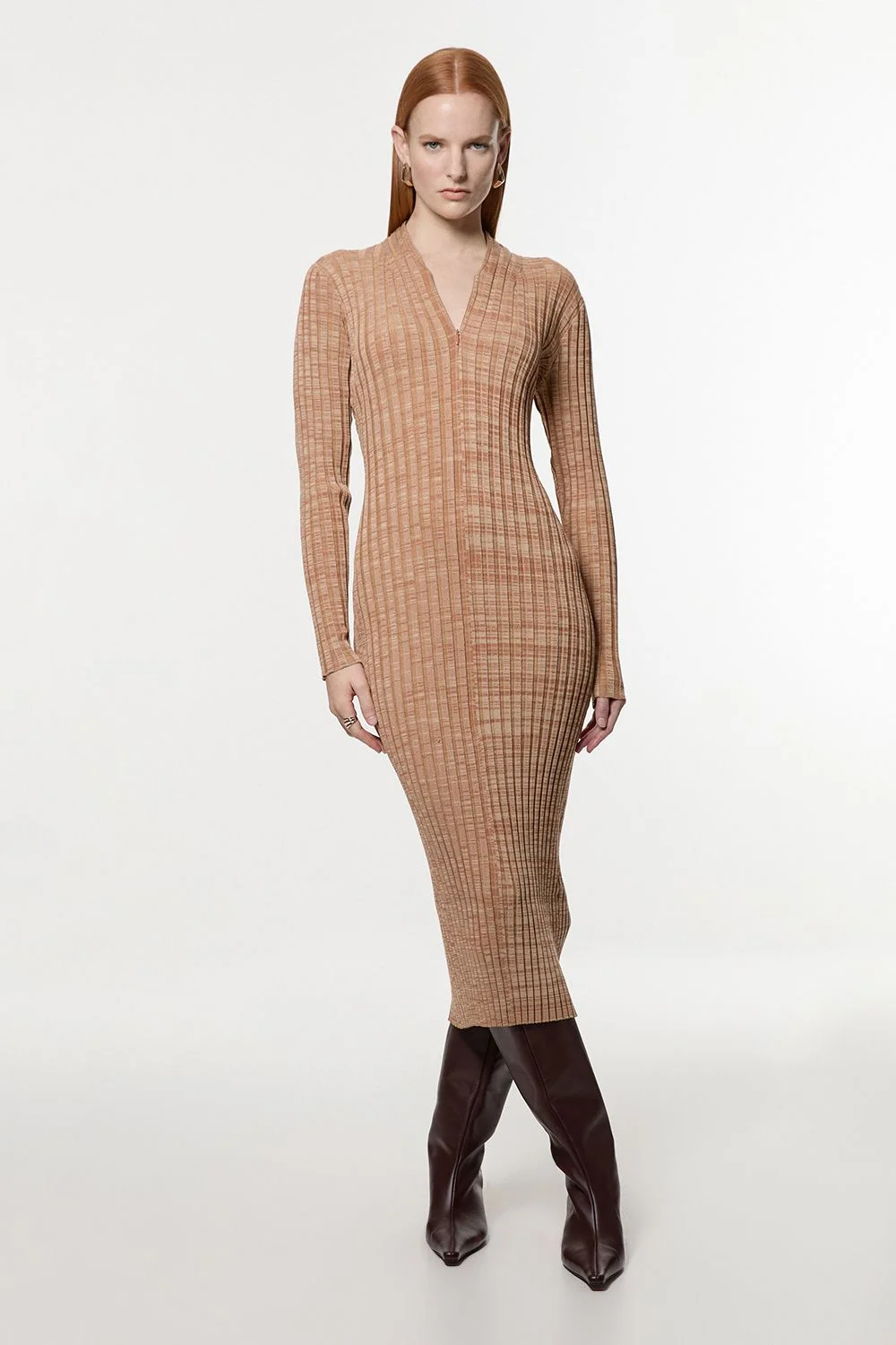 Twist Yarn Zip Detail Figure Form Ribbed Knitted Dress - 1