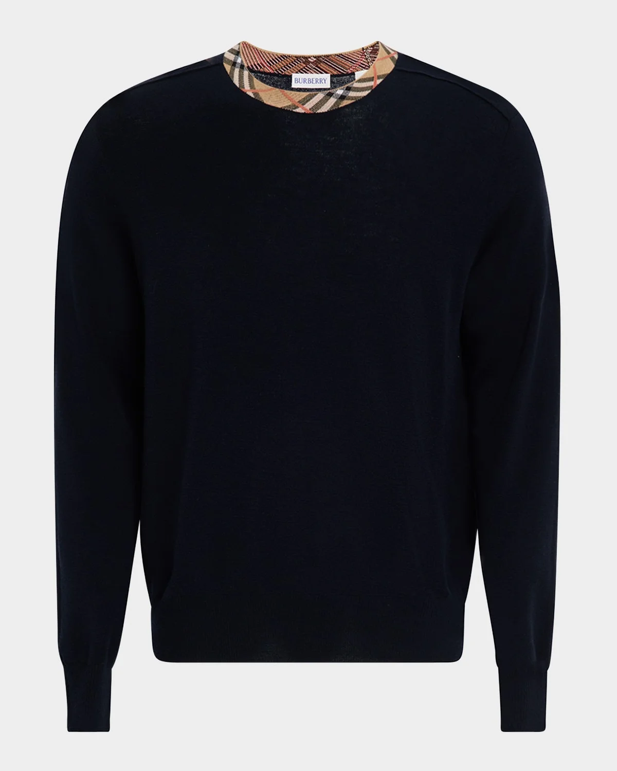 Men's Wool Knit Check-Trim Crewneck Sweater - 1