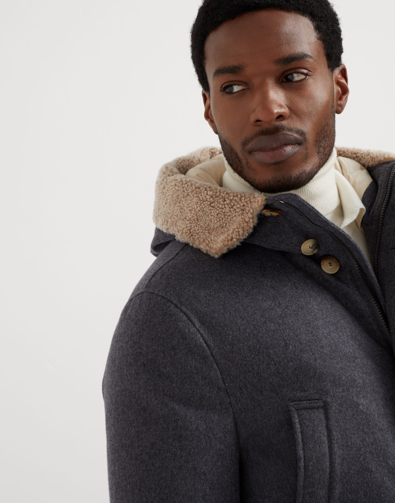 Bonded wool flannel hooded down parka with shearling insert 3
