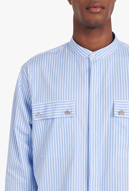 Striped pale blue cotton shirt with embroidered Balmain badge - 6