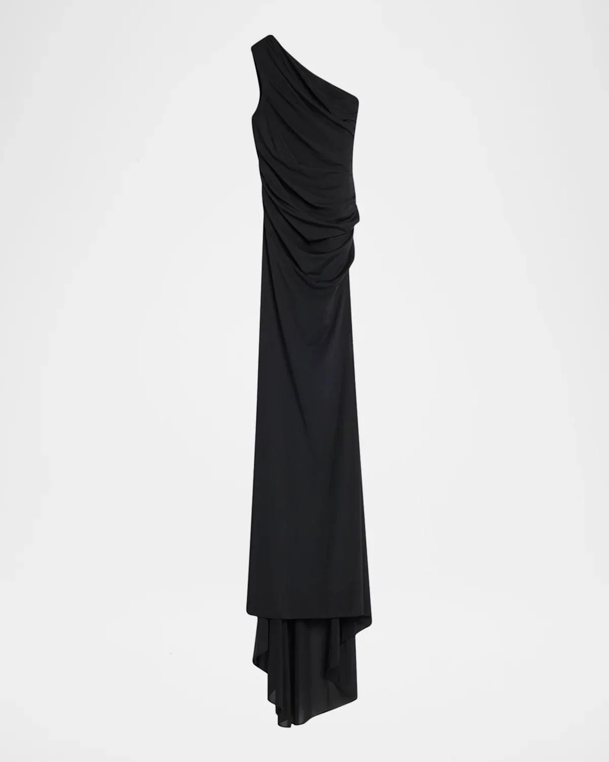 One-Shoulder Tucked Power Mesh Trumpet Gown - 1
