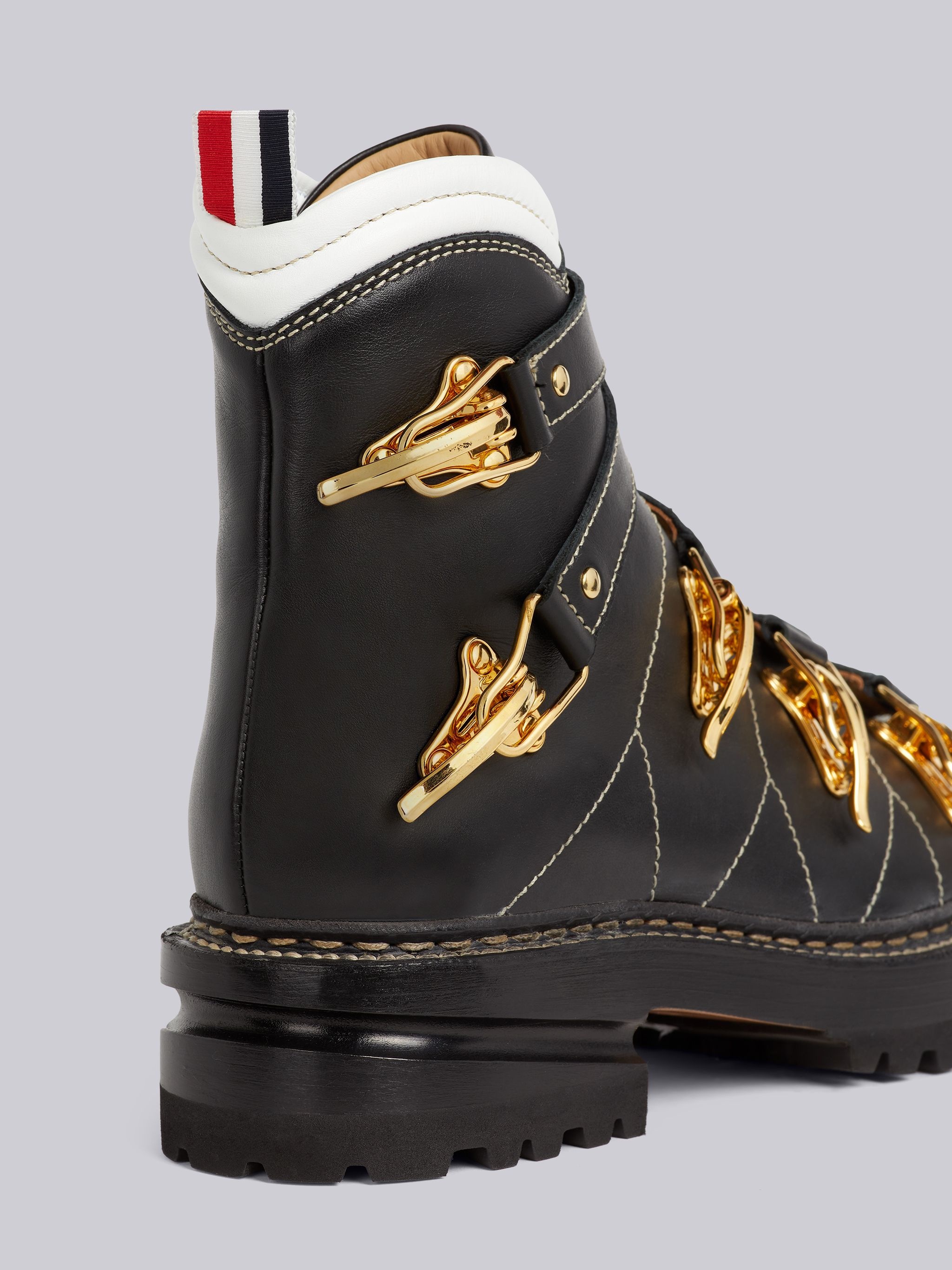 Black Vitello Calf Leather Brass Toe Stacked Sole Multi Buckle Ski Boot - 2