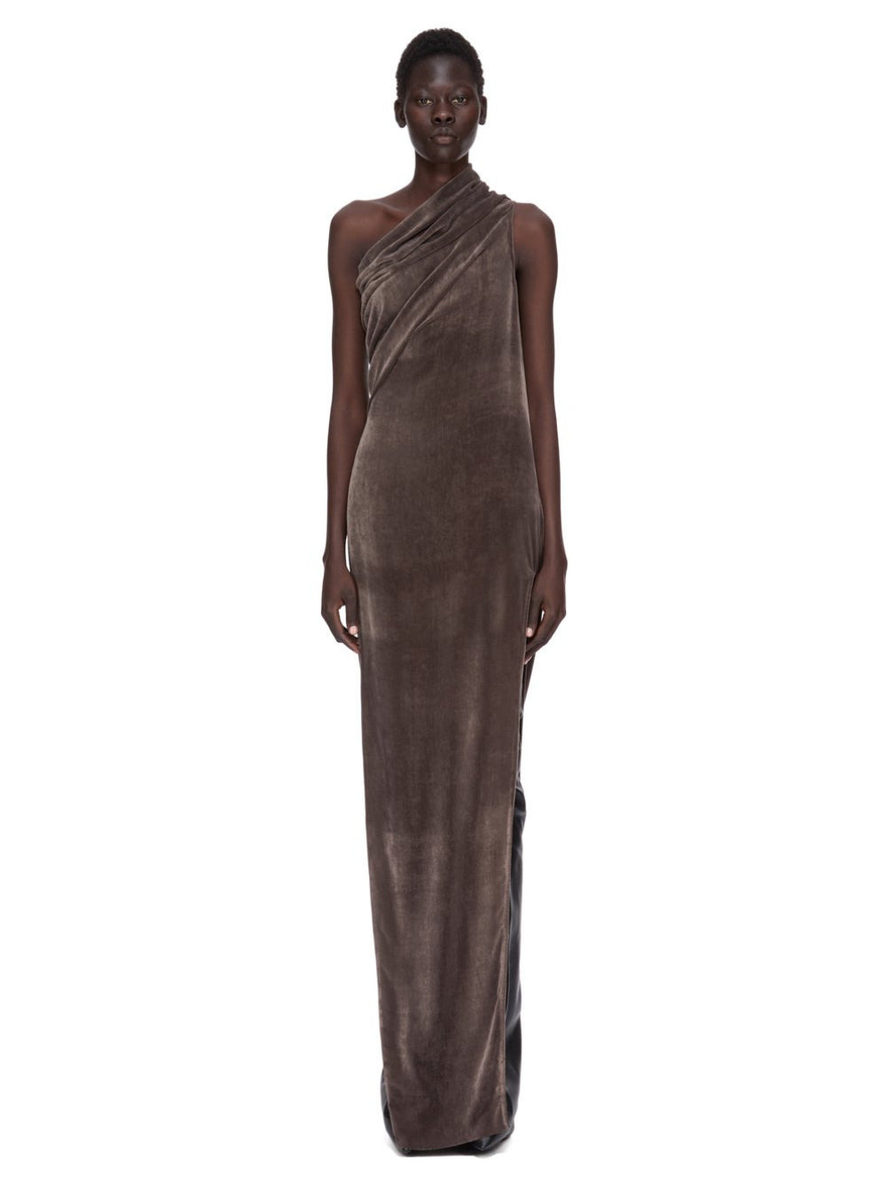 Rick Owens Women 'Athena Arrowhead' Brown Asymmetric Long Dress With Ruched Neckline And Side Single - 4