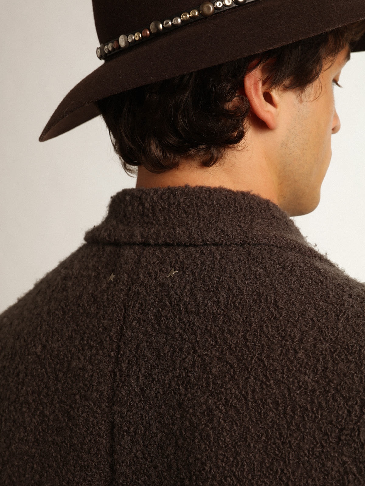 Men's double-breasted coat in licorice-colored bouclé wool - 6