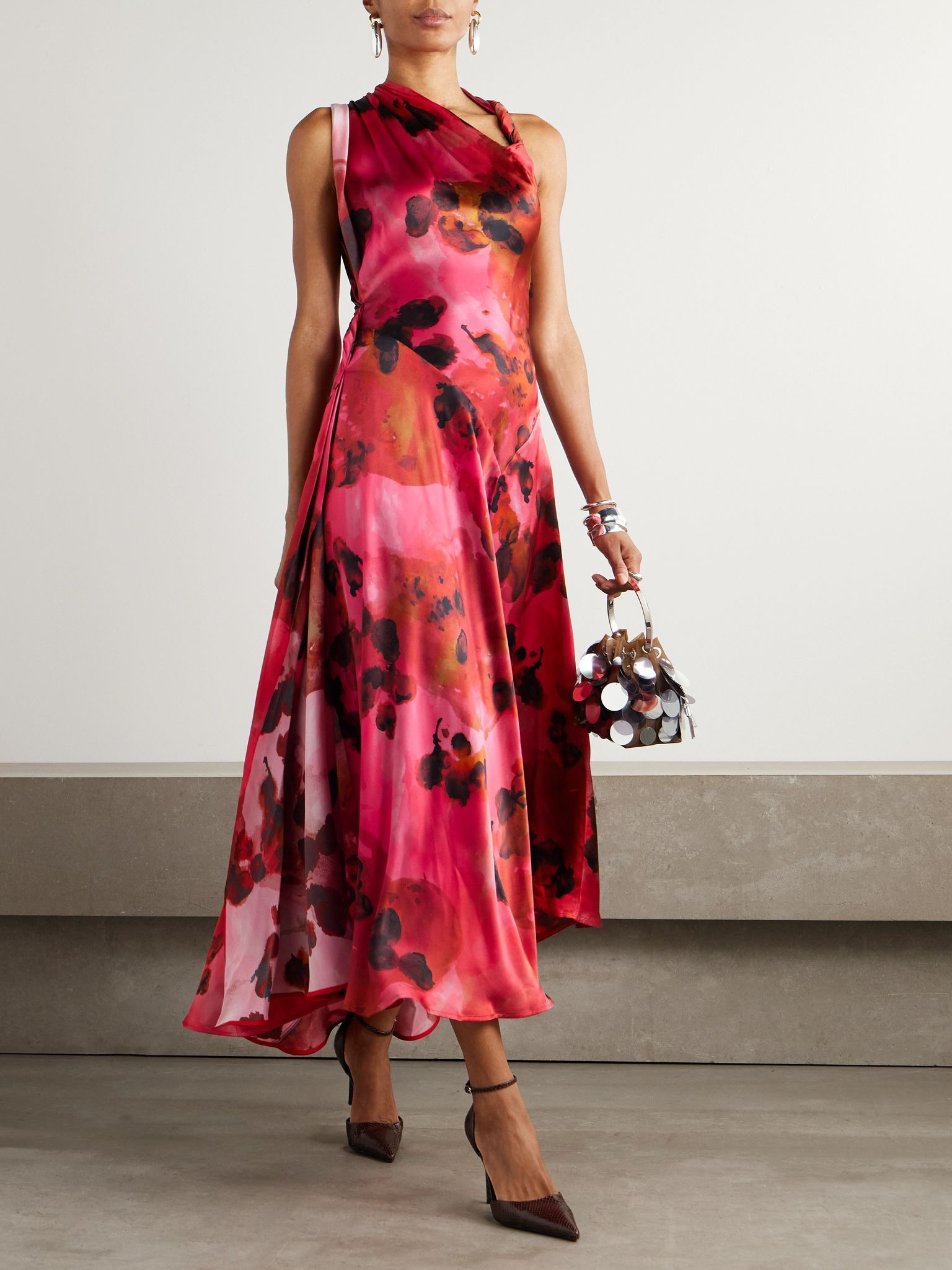 Draped floral-print silk-satin midi dress Red - 2