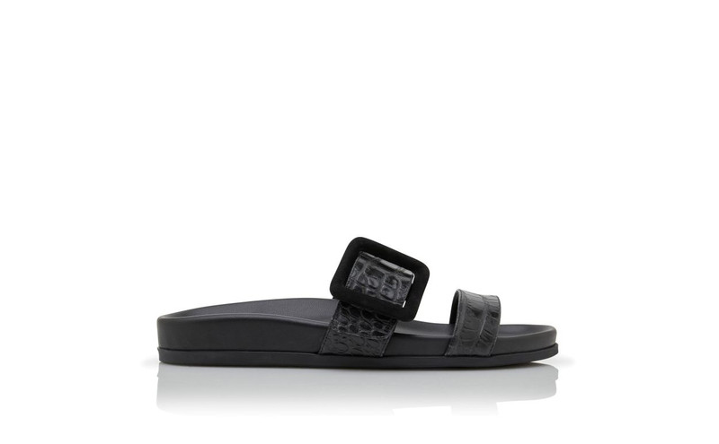 Black Calf Leather Buckle Detail Flat Mules 1