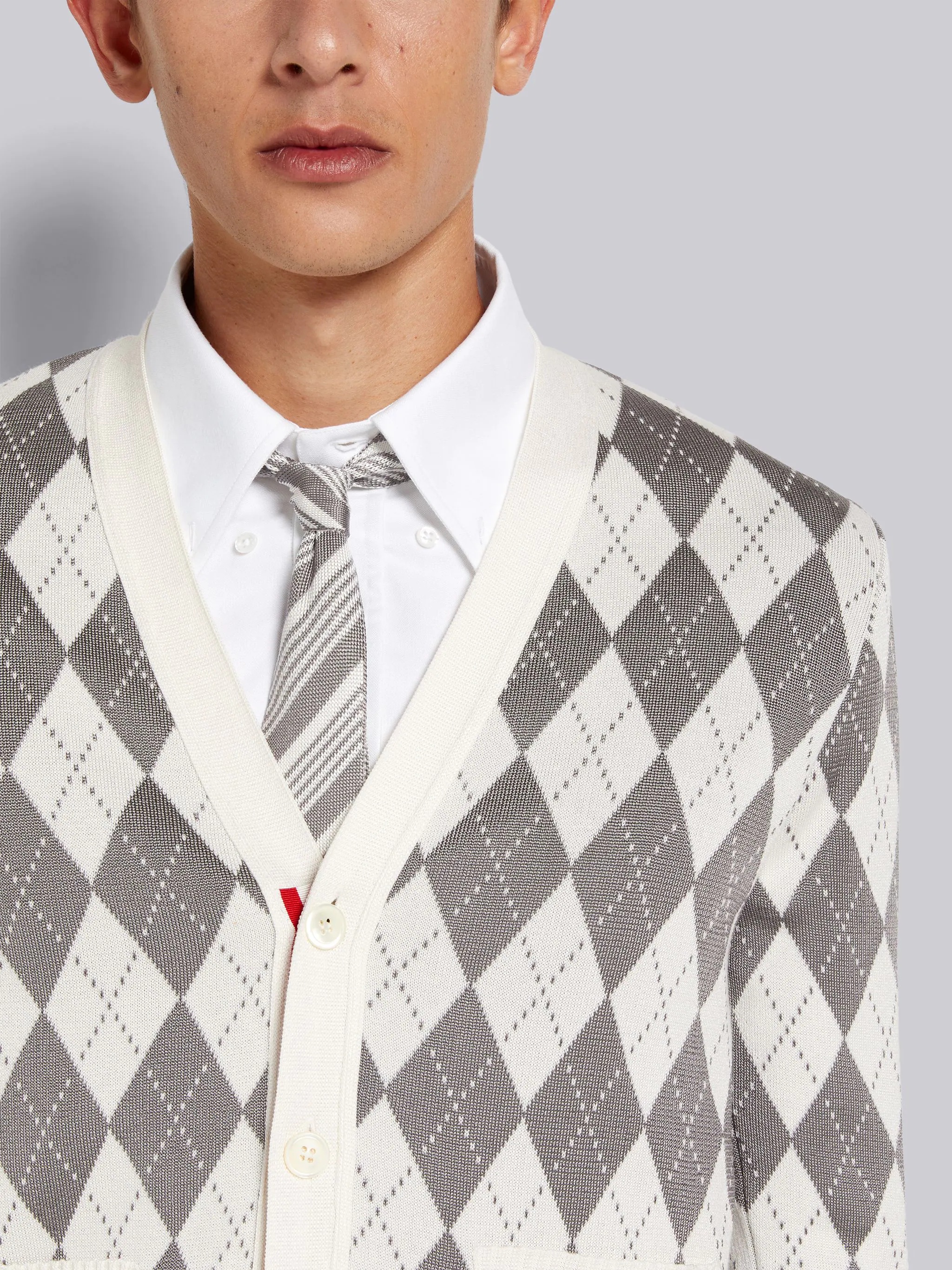 Light Grey Argyle Cotton Silk Stripe Tipping V-Neck Cardigan - 5