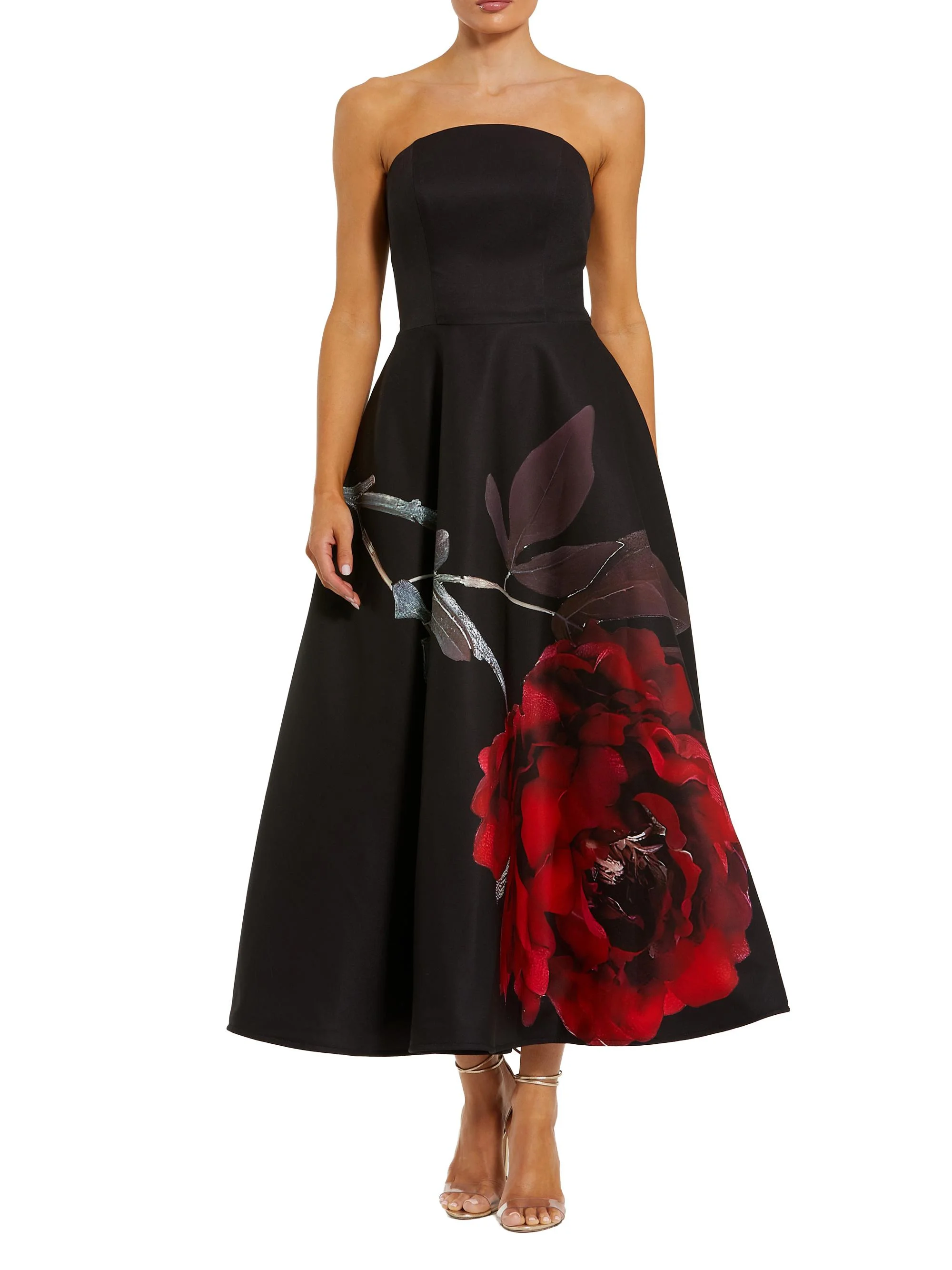 Women's Floral Crepe Strapless Cocktail Dress - Black Rose - 1