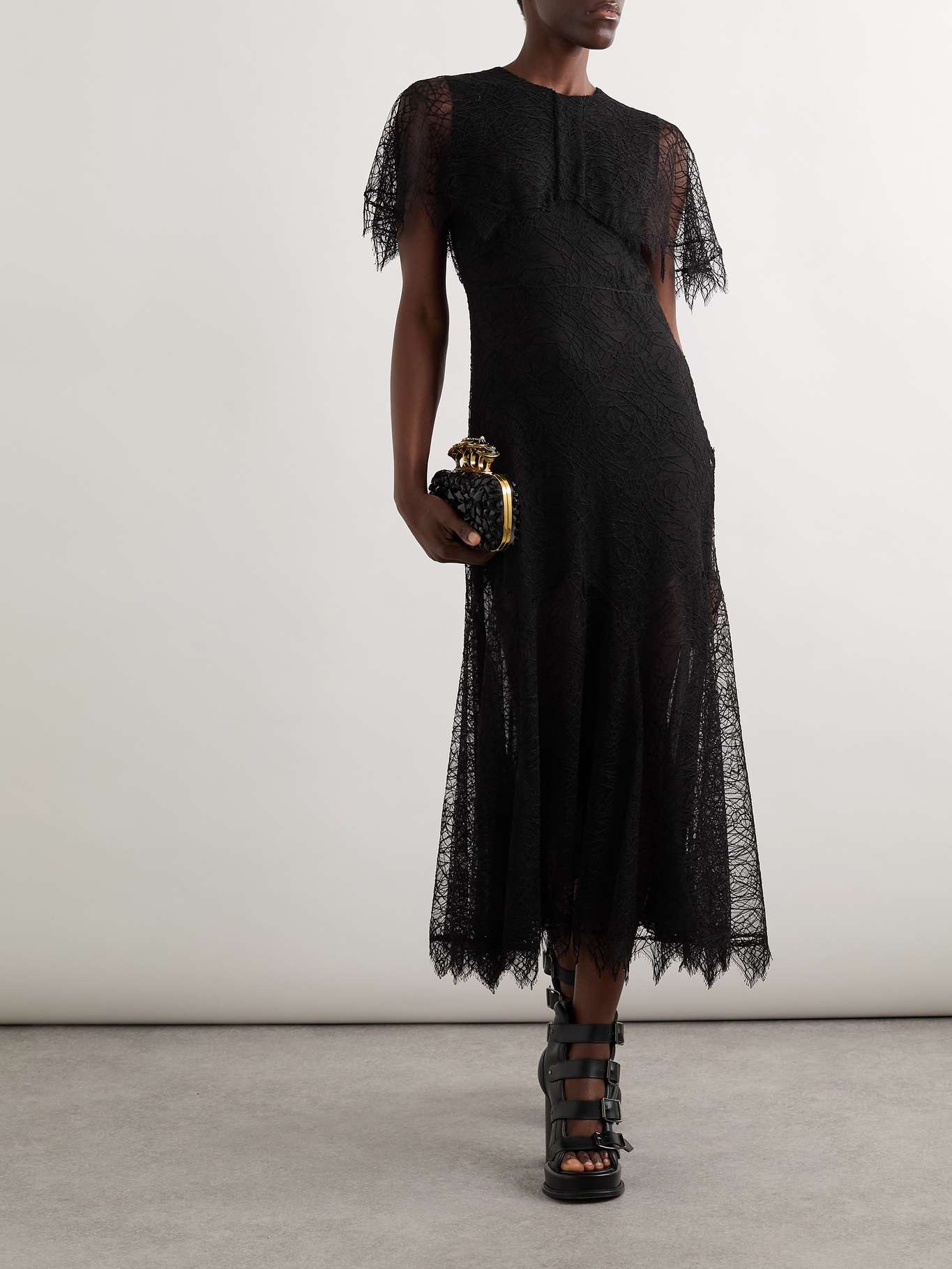 Cape-effect lace midi dress Black - 2