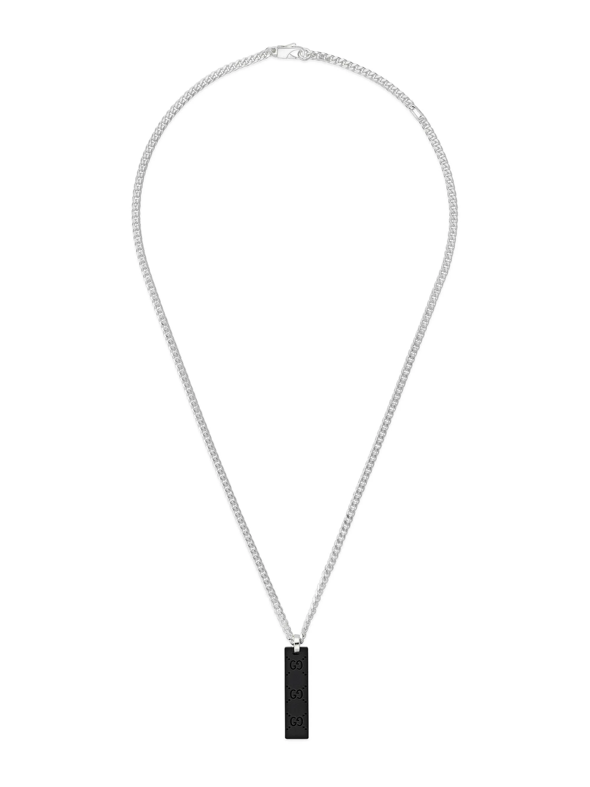 Men's Sterling Silver & Leather Tag Pendant Necklace - Silver Black - 1