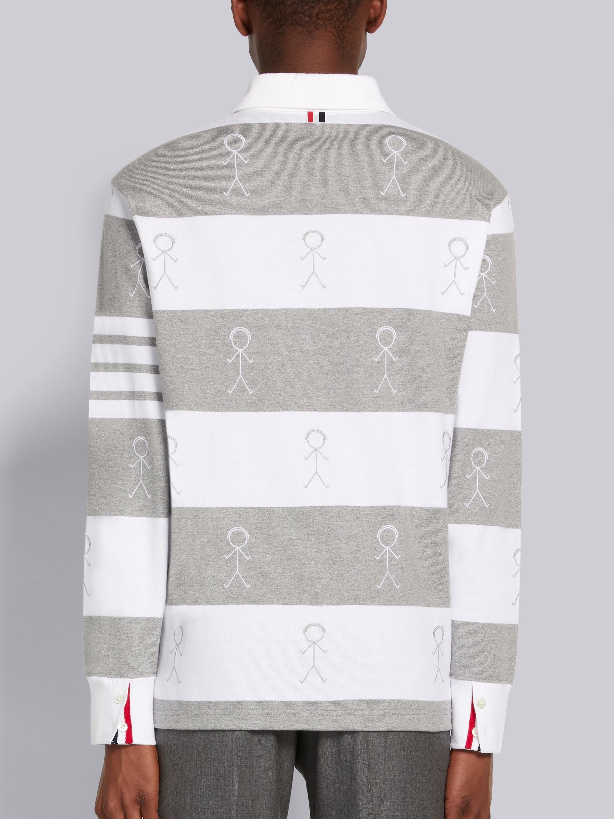 Pastel Grey Rugby Stripe Cotton 4-Bar Mr. Thom Embroidered Oversized Long Sleeve Polo - 3