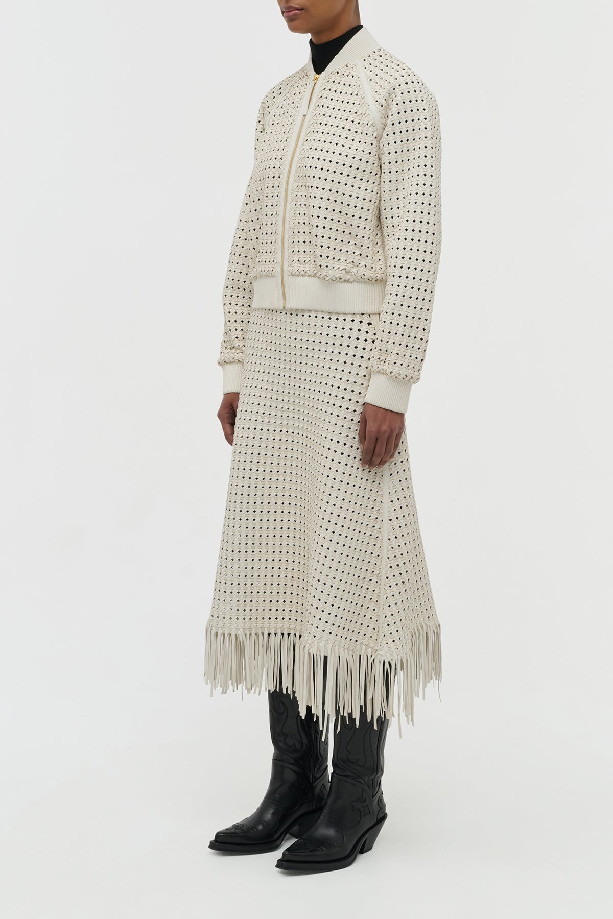 Odin Bomber Jacket in White Woven Leather - 3