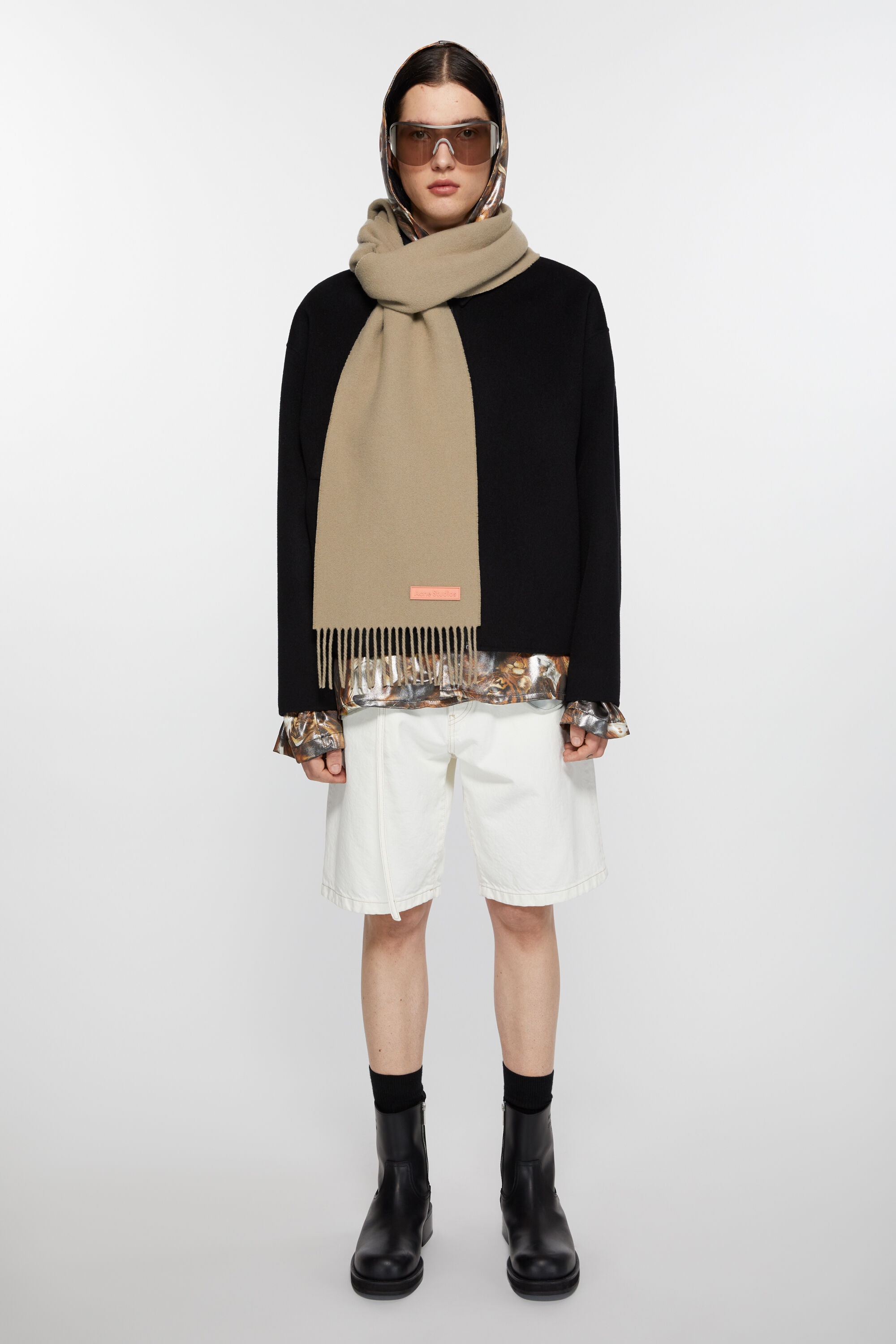 Fringe wool scarf - Narrow - Khaki green - 3
