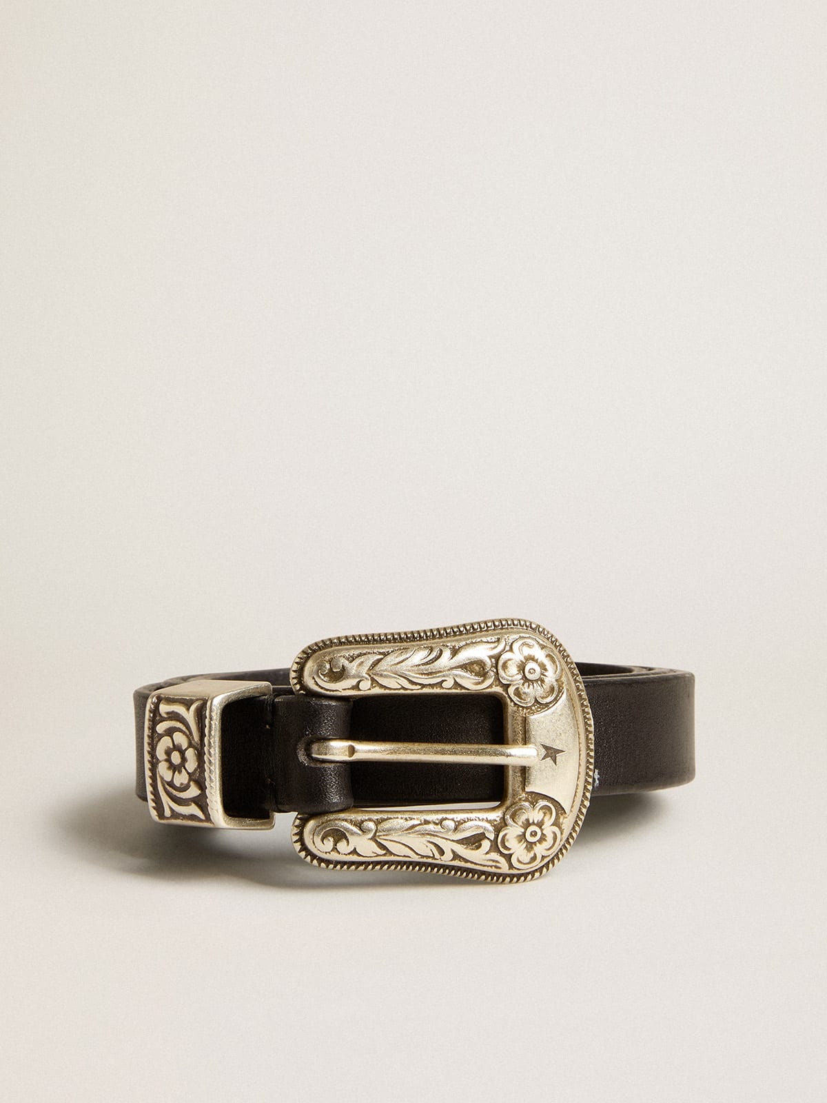 Black belt in washed leather with silver color buckle - 1