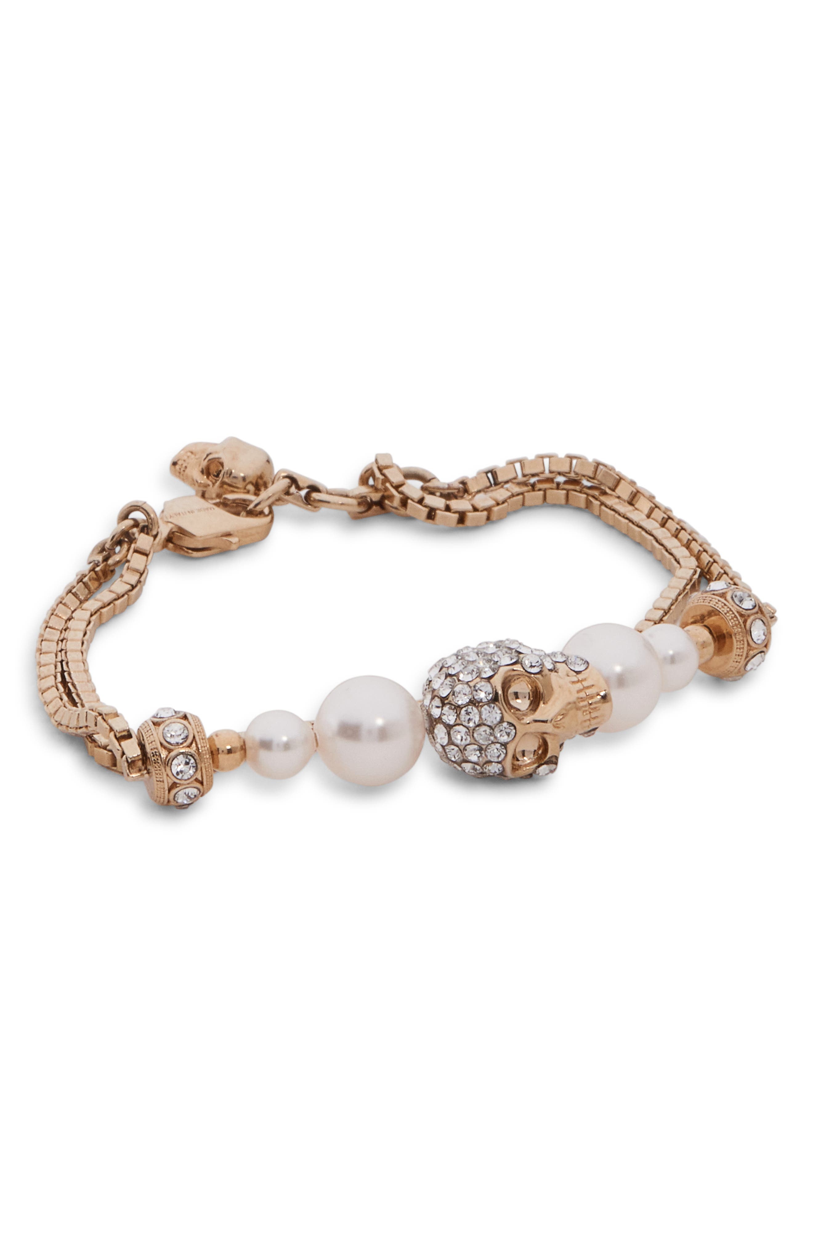 McQueen Crystal Skull & Faux Pearl Bracelet in Pearl/Sw at Nordstrom - 1